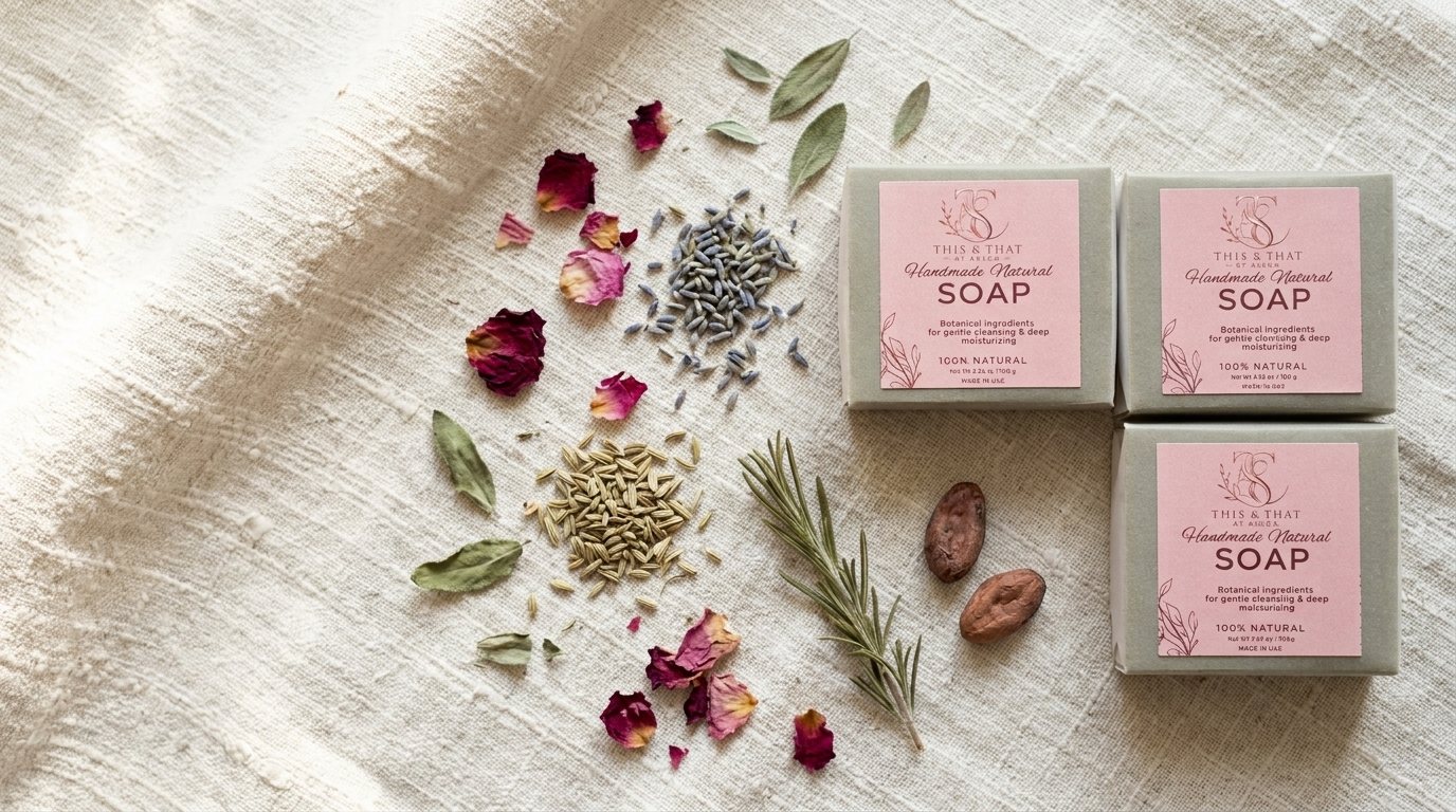 This & That soap bars on linen surrounded by rose petals, lavender, sage and rosemary