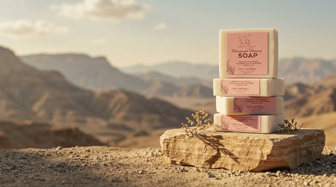 A stack of This & That Handmade Natural Soap on a rock, with UAE mountains behind